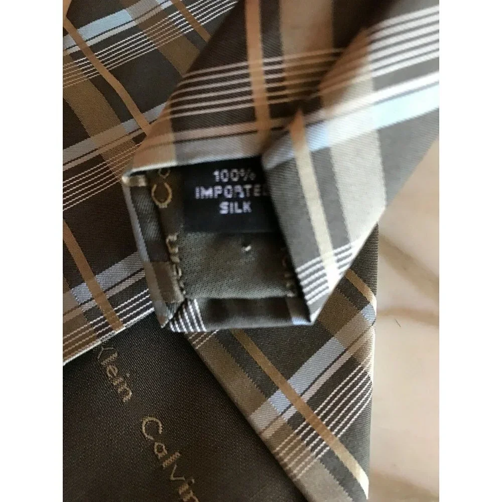 Calvin Klein Neutral Tan Taupe Blue Plaid‎ 100% Silk Tie 3.25” Necktie